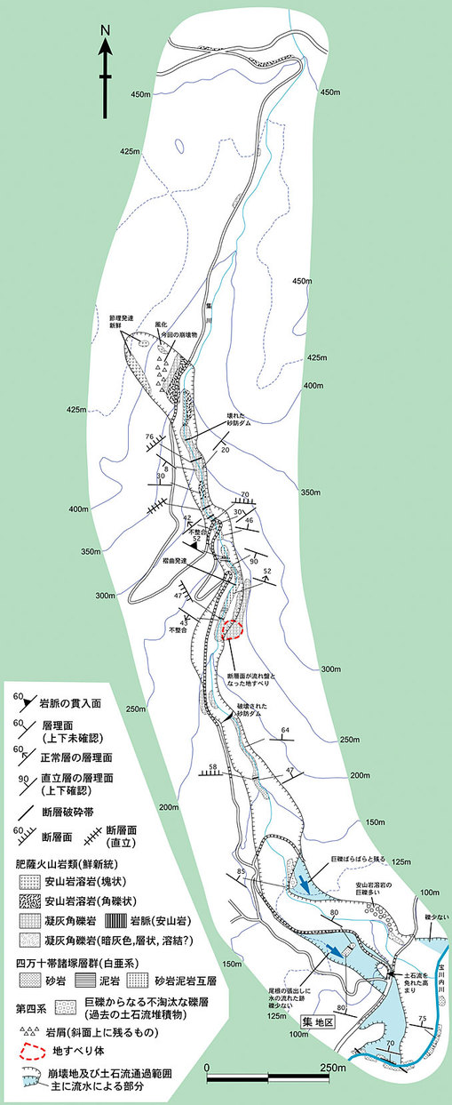 崩壊地及び土石流氾濫域のルートマップ