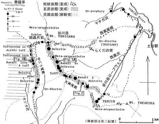 谷川岳南部のルートマッブ．西黒尾根，天神尾根の一般コースを歩くときの参考になる．滝沢・佐藤 (1986) に一部加筆