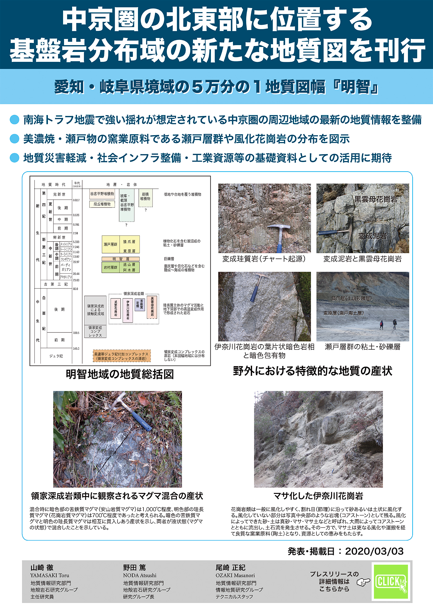 中京圏の北東部に位置する基盤岩分布域の新たな地質図を刊行