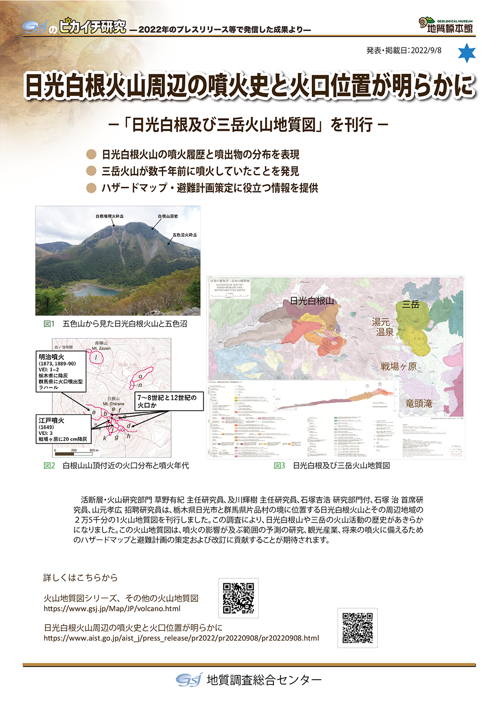 日光白根火山周辺の噴火史と火口位置が明らかに　－「日光白根及び三岳火山地質図」を刊行－