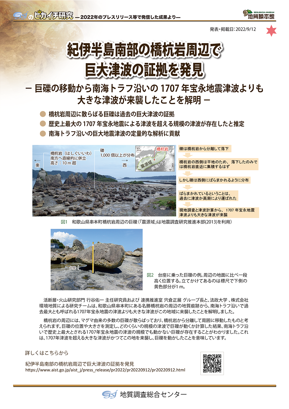 紀伊半島南部の橋杭岩周辺で巨大津波の証拠を発見　－巨礫の移動から南海トラフ沿いの 1707 年宝永地震津波よりも大きな津波が来襲したことを解明－