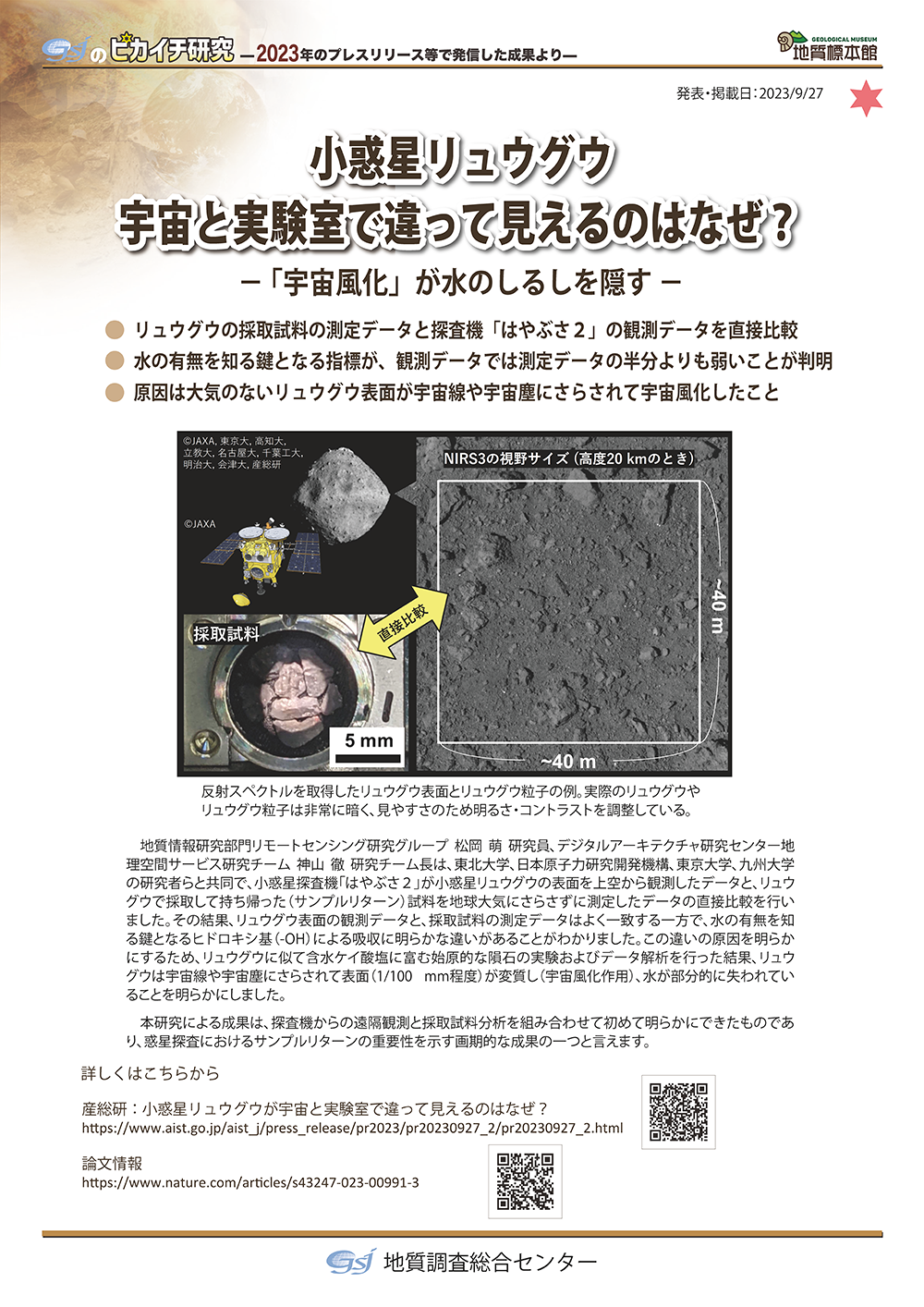 小惑星リュウグウ　宇宙と実験室で違って見えるのはなぜ？― 「宇宙風化」が水のしるしを隠す ―