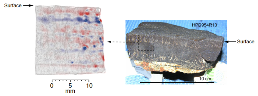 Left: Magnetic image of the ferromanganese crust thin section as seen through the SQUID microscope. Red and blue colors represent positive (out of the screen) and negative (into the screen) magnetic fields, respectively. Right: Cutting plane of the analyzed ferromanganese crust sample.