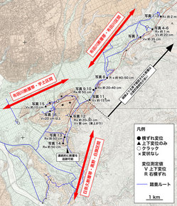 図1　緊急現地調査において確認された地表地震断層および地表変状の分布