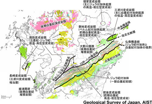 図3　九州北中部の中生代以前の地層の分布（基図は国土地理院の白地図）