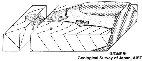 図4　九州東部佐賀関半島の大野川層群と三波川変成岩類の構造関係（寺岡、 1970）