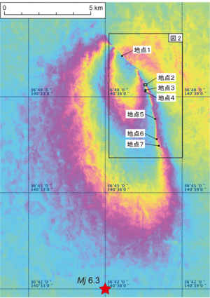 2016年茨城県北部の地震による干渉SARの解析結果と同地震に伴う地表地震断層（地点1〜4）および断裂（地点5〜7）の出現が確認された地点。