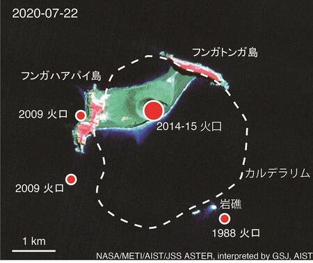 図2 2020年7月22日ASTER画像と火口位置。