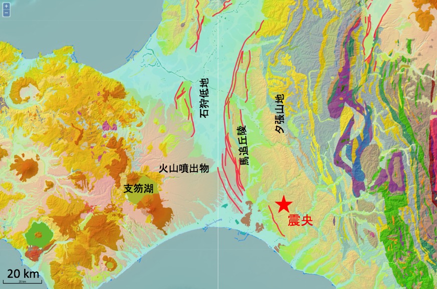 図1　石狩低地東縁断層帯周辺の陸域地質図と活断層（赤線）（産総研地質図Naviより）
