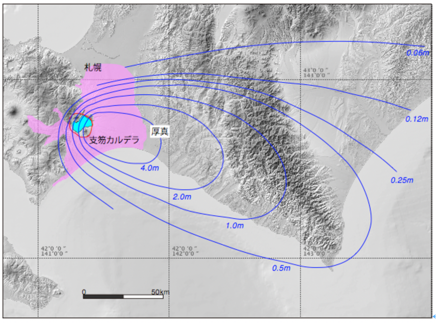 図1　Spfa-1の等層厚線（ピンク部は支笏火砕流堆積物）。等層厚線は山縣（2000）を修正。基図は地理院地図から出力。