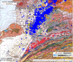 図 2　20万分の1地質図に震央分布を示した図（震源地域周辺）