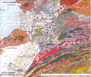 図 3　20万分の1地質図に震央分布を示した図（震源地域周辺）