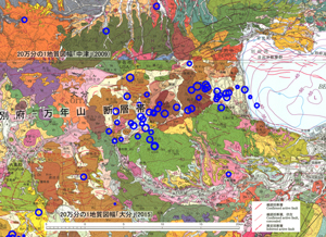 20万分の1地質図に震央分布を示した図（阿蘇カルデラ周辺）