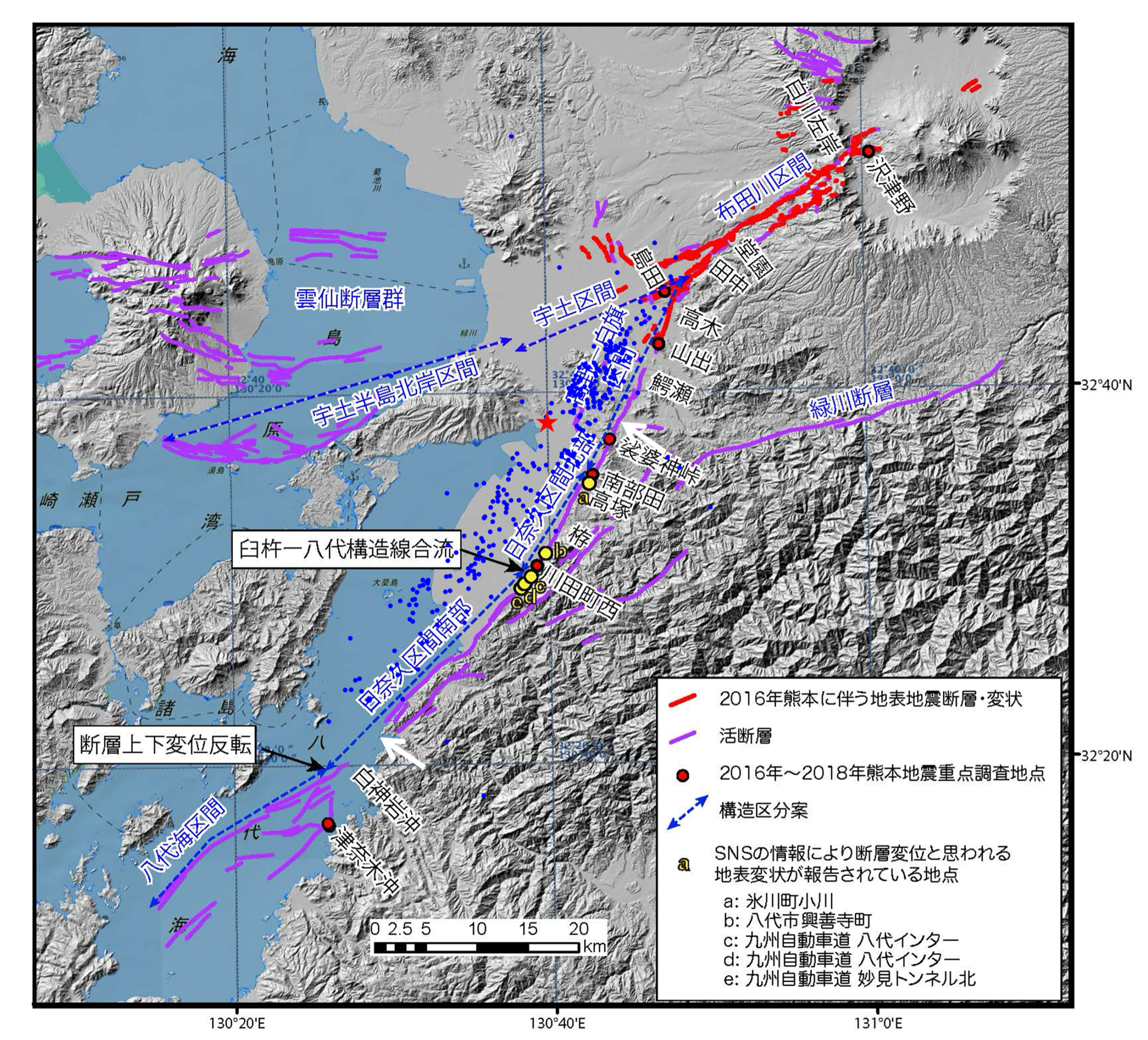 図1 布田川断層帯・日奈久断層帯の分布および構造区分と調査地点