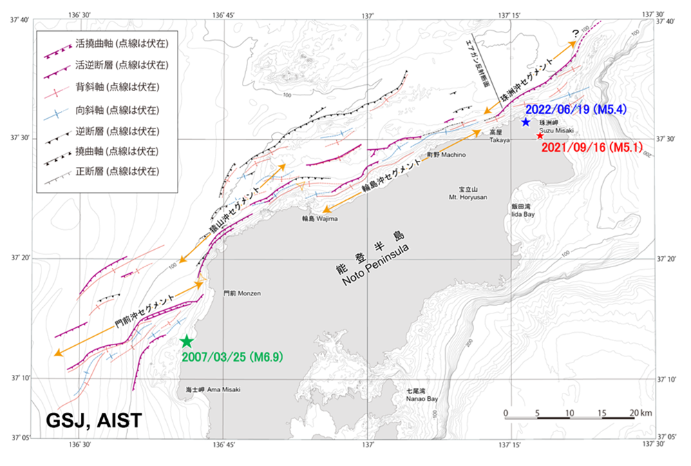 図1　能登半島北岸沖の活断層と6月19日の地震の震央（青星）