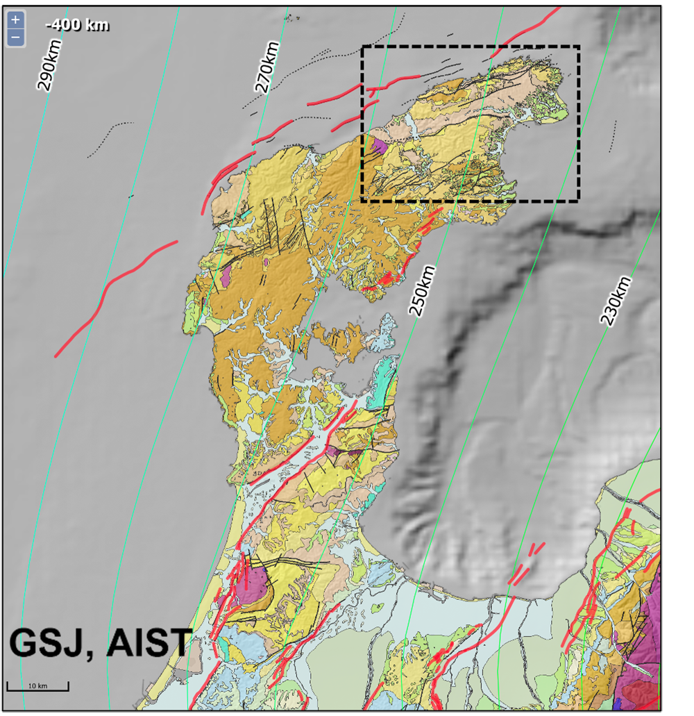 図9　　能登半島周辺の地質（基図は20万分の1日本シームレス地質図V2）