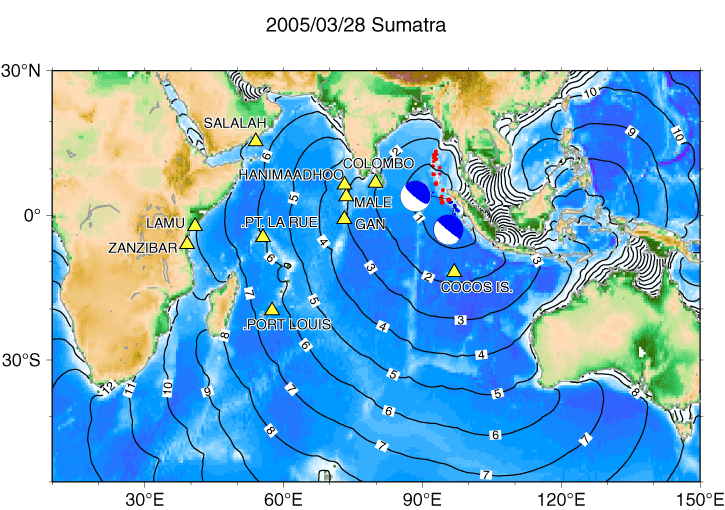 インド洋における津波の伝播時間と主な検潮所の位置