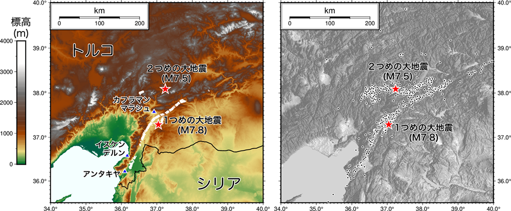 図1　（左）トルコ南部で発生した地震の震源域を含む地域の標高分布。標高データはSRTM+（Tozer et al.,2019）を使用。白い太線はReitman et al. （2023）による地表地震断層の位置。青の▲は被害が報じられている都市。（右）同じ範囲の標高の陰影図に余震の震央（●）を重ねたもの。震源データはトルコ内務省災害緊急事態対策庁（AFAD）のサイト（https://deprem.afad.gov.tr/home-page）で公開されているものを使用した。ここでは、1つめの大地震発生から24時間以内に発生し、かつ、震源決定に用いた観測点が8点以上のものを表示している。