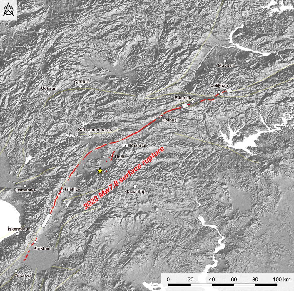 Fig. 1  Surface rupture distribution associated with the Mw7.8 earthquake on the East Anatolian fault system. Red dots indicate localities where surface rupture was identified on air photo interpretation. White-colored rectangular denotes not interpreted area due to snow, cloud, forest, etc. Yellowish colored star is the epicenter after USGS web site. Yellowish colored solid lines represent active fault traces (Emre et al., 2013; Styron and Pagani, 2020). The base map is shaded relief map produced by SRTM90 data.