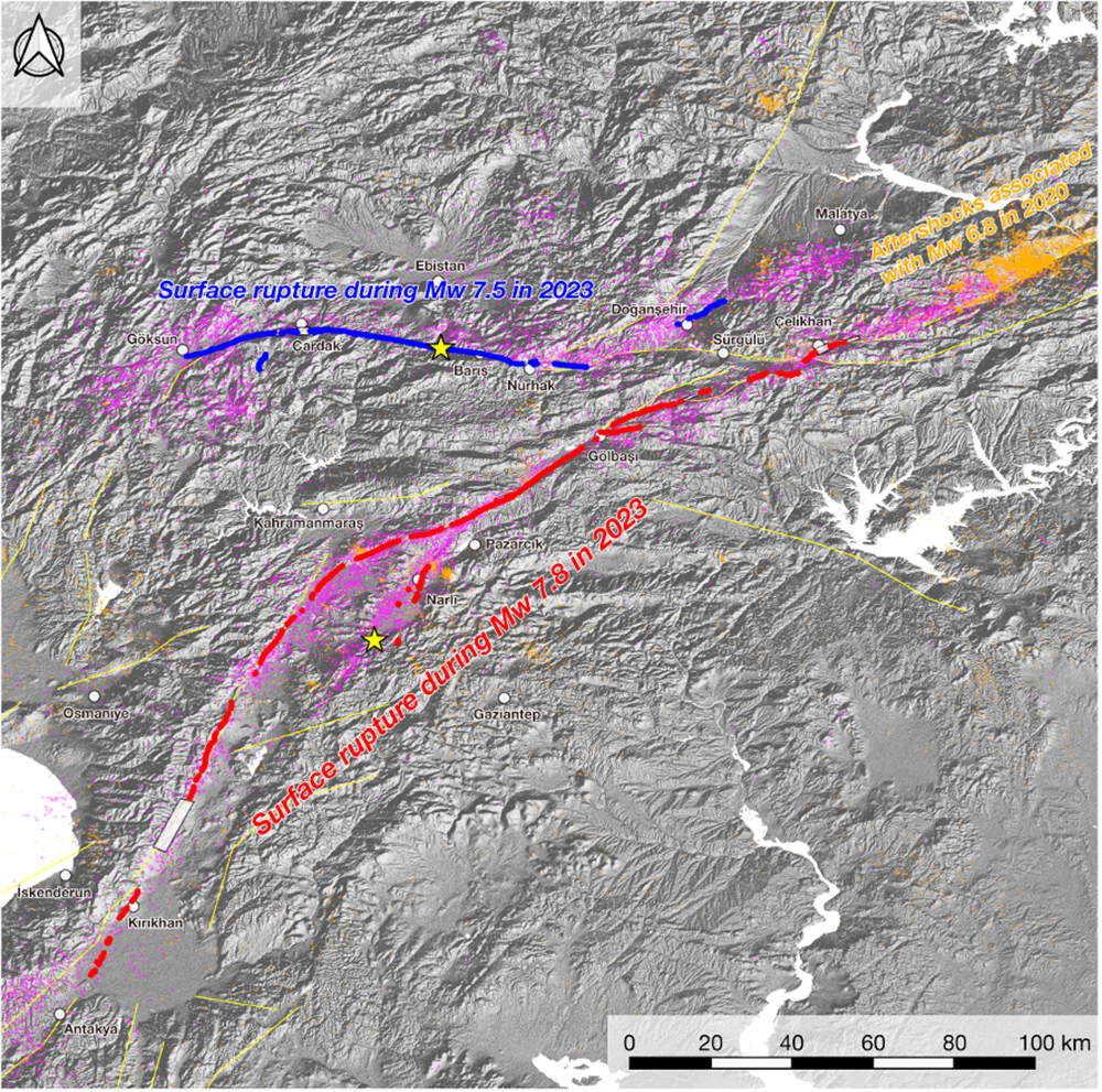 Fig. 1  Surface rupture distributions associated with the Mw7.8 and Mw7.5 earthquakes on the East Anatolian fault system. 