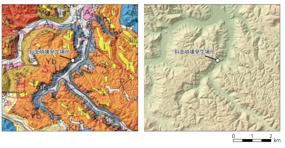 å³2ãæé¢å´©å£çºçå°ä»è¿ã®å°è³ª(å·¦)ã¨å°å½¢(å³)