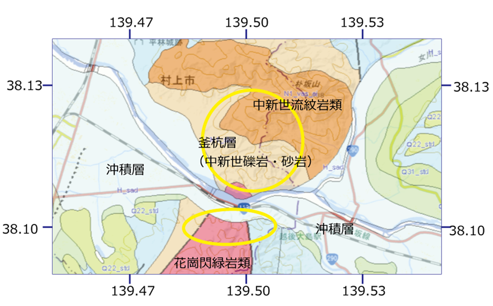 図3　図2に示した範囲の地質図（20万分の１日本シームレス地質図V2．https://gbank.gsj.jp/seamless）