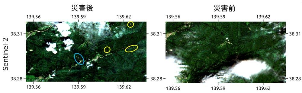 図4-a　災害前後の薦川上流域の衛星画像（Sentinel-2）比較