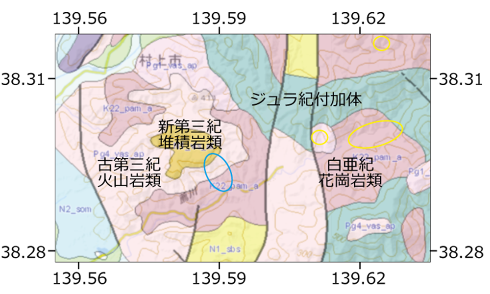 図5　図4に示した範囲の地質図（20万分の１日本シームレス地質図V2．https://gbank.gsj.jp/seamless）