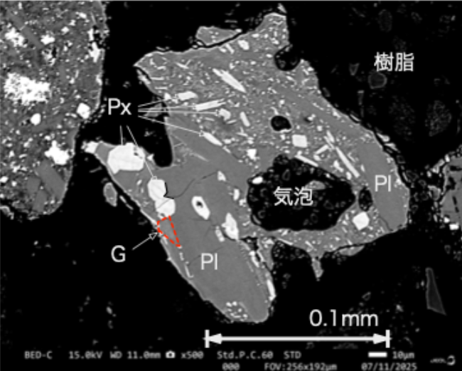 Backscattered electron image of a DG particle contained in volcanic ash collected on 2 July