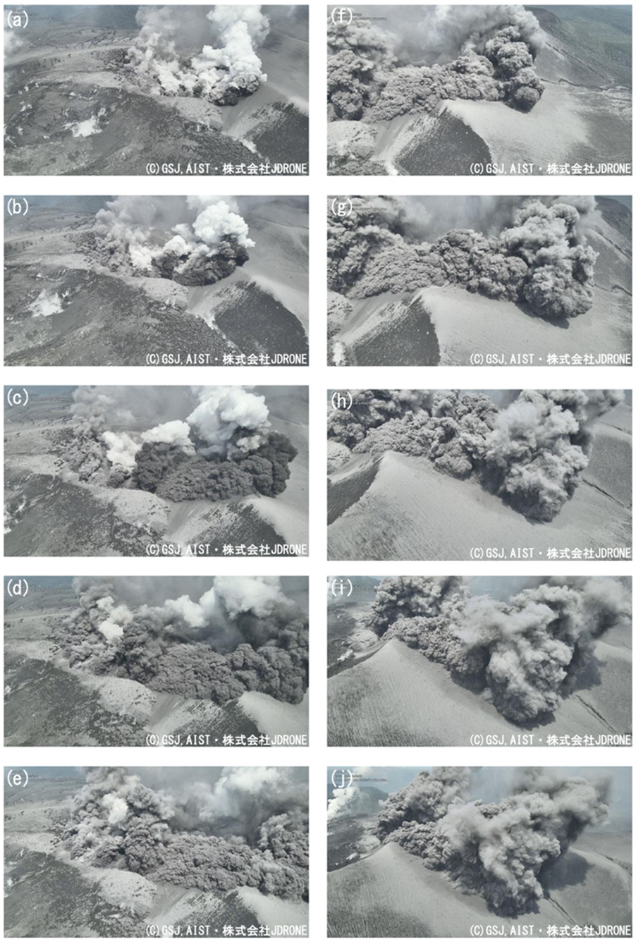The explosive eruption at around 13:57 on 6 July was observed by a drone (from above the southern rim of the summit crater)
