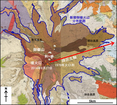 図1　御嶽火山の地質図（5万分の１地質図幅「御嶽山」（1988；左側）と「木曽福島」（1998；右側）を抜粋・合成）。