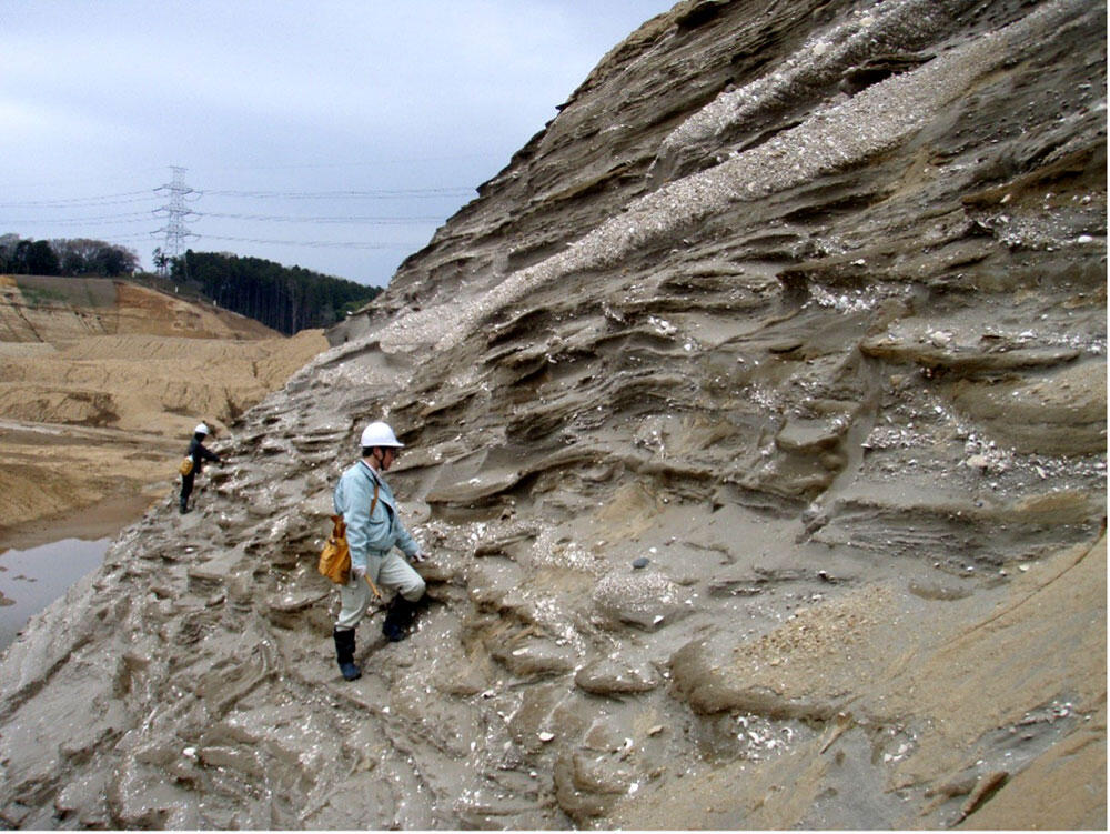 地質調査の風景。地層の厚さや向き、岩石の種類などを調べ、必要に応じて化学分析や化石抽出のために試料採取を行う