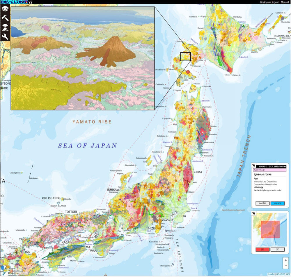 20万分の1日本シームレス地質図。左上は北海道の羊蹄山周辺を3D表示させたもの