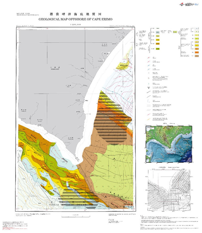 主に地震波反射のデータで作成された襟裳岬沖の海洋地質図。海底の地層や断層・褶曲などの地質構造の分布が分かる