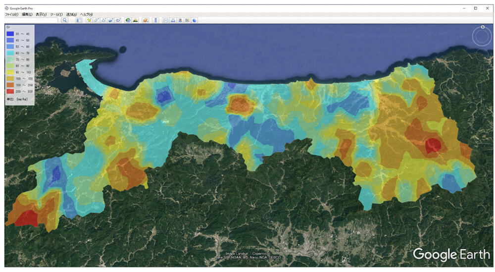 表層土壌評価基本図。鳥取県の表層土壌におけるクロム濃度の例
