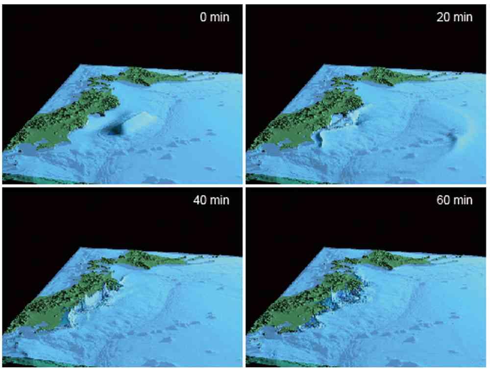 西暦869年に東北地方で起きた貞観地震に伴う津波の数値シミュレーションの結果