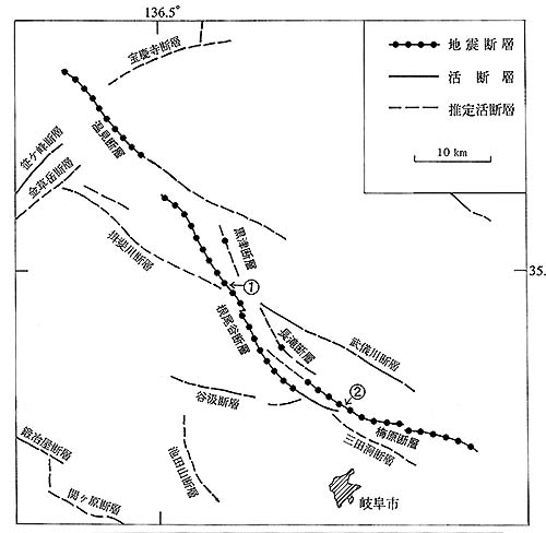 濃尾地震断層系及び周辺の活断層とトレンチ地点位置図