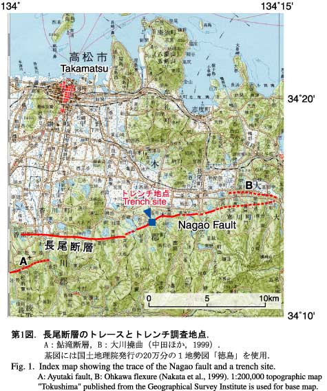 長尾断層のトレースとトレンチ調査地点