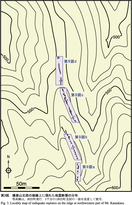 鎌倉山北西の稜線上に現れた地震断層の分布