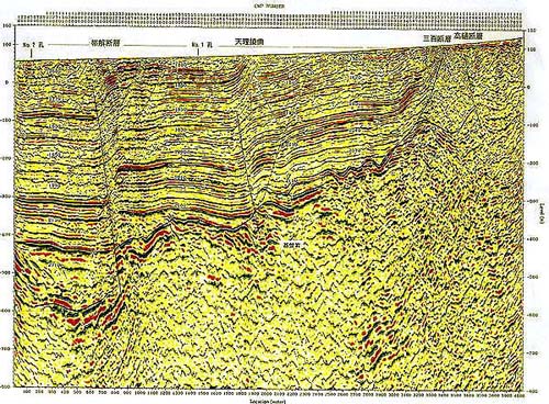 反射法地震探査によるカラー反射断面（深度変換断面）