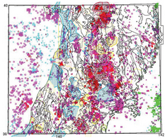 1998年から2003年8月までに発生した地震の震源分布図と50万分の1秋田地熱資源図