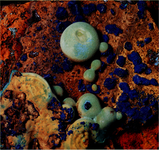 藍銅鉱 (あい色の多面体鈷晶) と孔雀石 (青白色球状)、地質調査所地質標本館所蔵標本 (GSJ M32857)