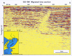 大阪湾で実施された反射法地震探査測線GS-5Mのマイグレーション後時間断面の一部 