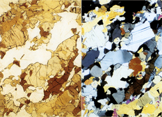 北海道、日高変成帯主帯に産する、塩基性グラニュライトの顕微鏡写真 (左 : 開放ニコル、右 : 直交ニコル)