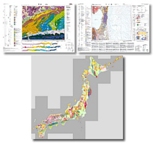 左上図：5万分の1地質図幅「池田」 / 右上図：20万分の1地質図幅「野辺地」 / 下図：20万分の1日本シームレス地質図v2