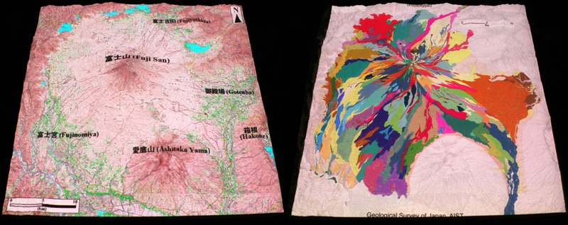 図3．図2の位置合わせ作業を行ったのち、国土地理院数値地図50000（左）と富士火山地質図（右）をプロジェクションマッピングした様子。