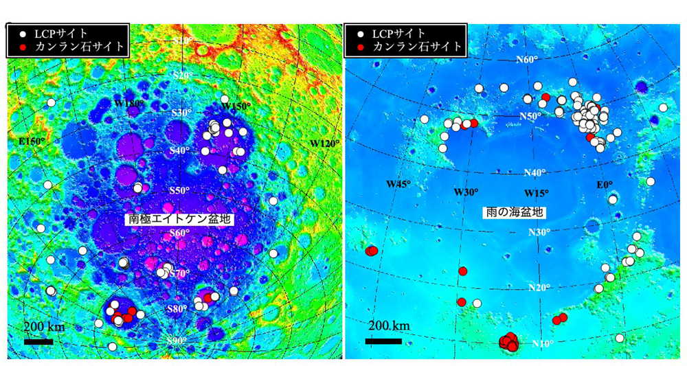 図１：LCPサイト（白丸の領域）とカンラン石サイト（赤丸の領域）の（左）南極エイトケン（SPA）盆地および（右）雨の海盆地における分布図。背景はSELENEによる地形データ。