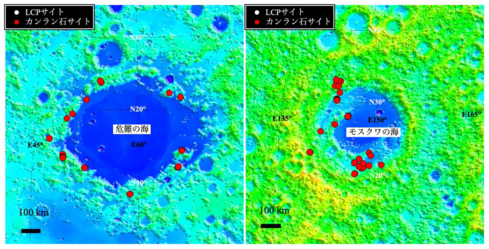 図3：（左）危難の海盆地および（右）モスクワの海盆地の周辺のカンラン石サイトの分布（赤丸の領域）。LCPサイトはこの周囲では一切見つからない。背景はSELENEによる地形データ。